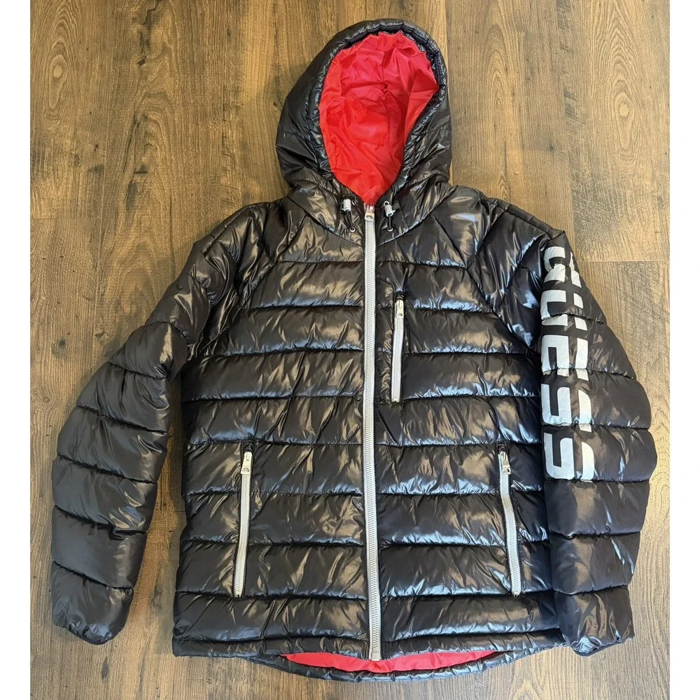 Guess Puffer Jacket Hooded Men's Large Black Red Interior New NWOT